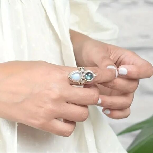 Vintage Style Silver Plated Rings  Moonstone and Labradorite Gemstone - Picture 6 of 12